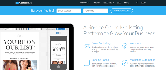 GetResponse website screenshot showing details about their all-in-one online platform, along with an example of their email builder. 