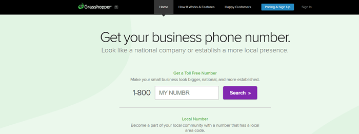 Grasshopper website screenshot showing information about getting a business phone number. 