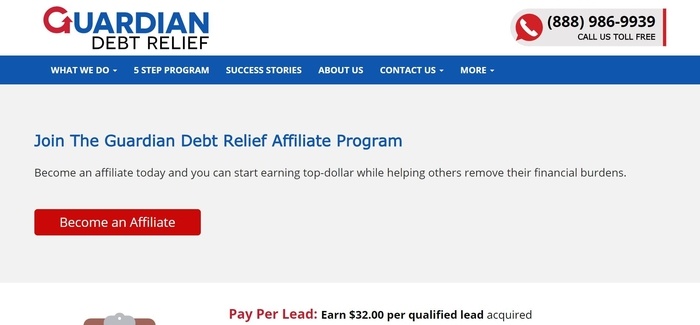 screenshot of the affiliate sign up page for Guardian Debt Relief