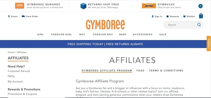 screenshot of the affiliate sign up page for Gymboree