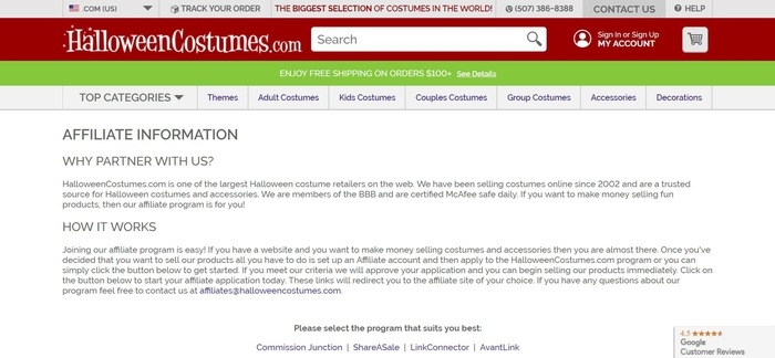 screenshot of the affiliate sign up page for HalloweenCostumes.com