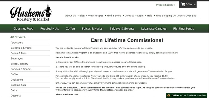 screenshot of the affiliate sign up page for Hashems.com