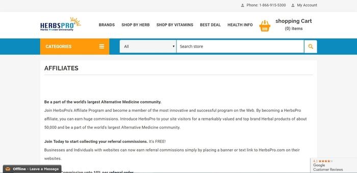 screenshot of the affiliate sign up page for HerbsPro