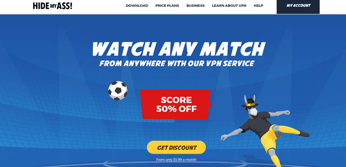 Hide My Ass website screenshot showing a cartoon donkey acting as a goalie. 