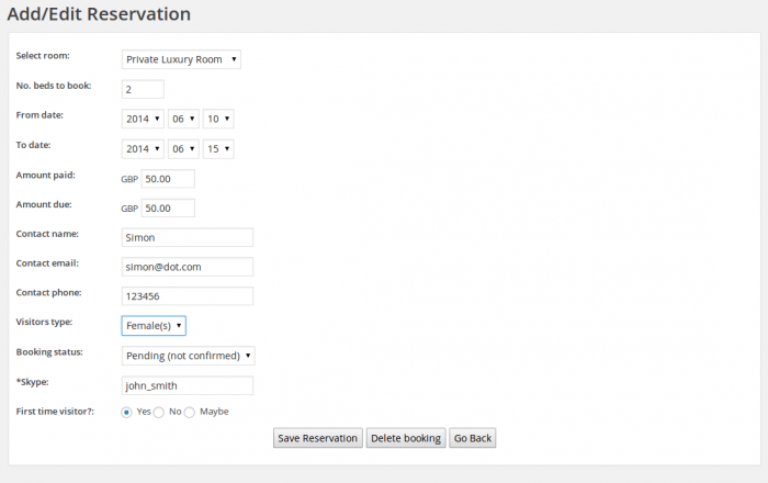 Hostel PRO | One More Cup of Coffee The add/edit reservation page. Among the information required are room type, number of beds, dates, payment, contact details, gender, and booking status. After that there are save, delete, and back buttons.