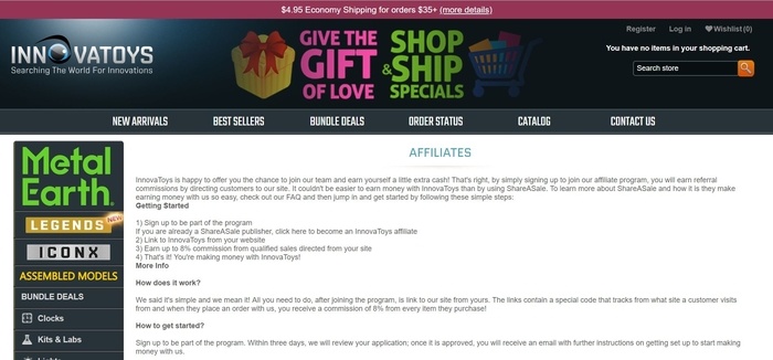 screenshot of the affiliate sign up page for InnovaToys