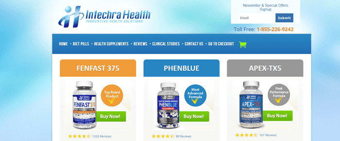 Intechra Health website screenshot showing three different bottles of supplements from the company. 