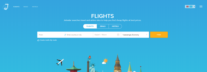 JetRadar website screenshot showing a blue background with the ability to search for flights. 