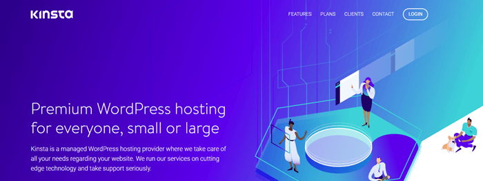 Kinsta website screenshot showing a stylized image of a laboratory-like environment. Blue text talks about premium WordPress hosting. 