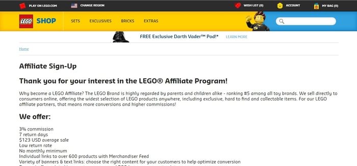 screenshot of the affiliate sign up page for LEGO