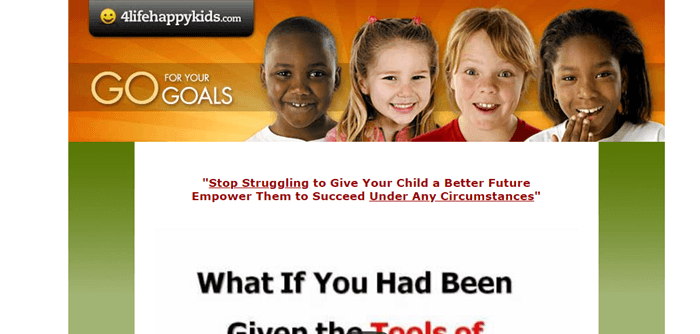 Law of Attraction for Kids website screenshot shows four kids grinning at the camera. 