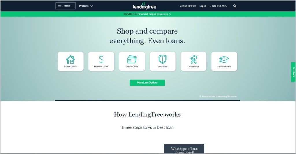 screenshot of LendingTree homepage