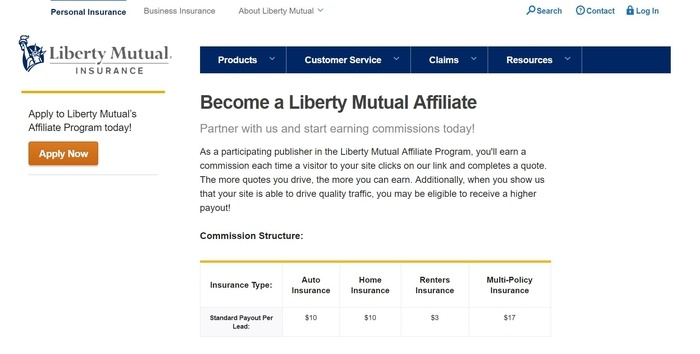 screenshot of the affiliate sign up page for Liberty Mutual