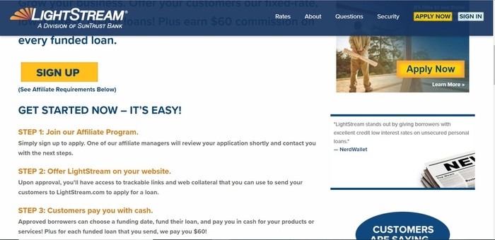 screenshot of the affiliate sign up page for LightStream
