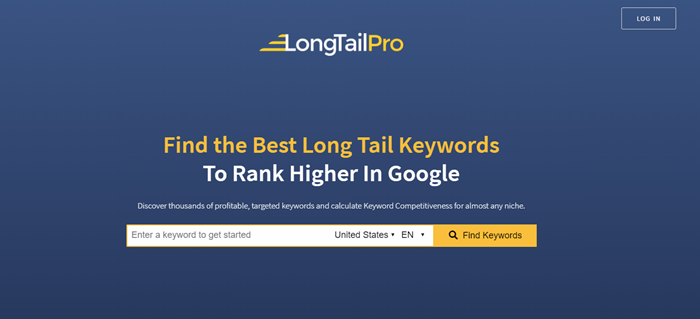 LongTail Pro website screenshot showing a search bar to find keywords, a blue background and text talking about what LTP offers. 