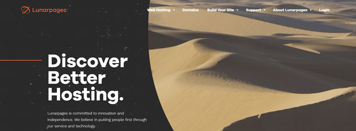 Lunarpages website screenshot showing an image of a desert on the right-hand side, while the left-hand side has a background image of space. 