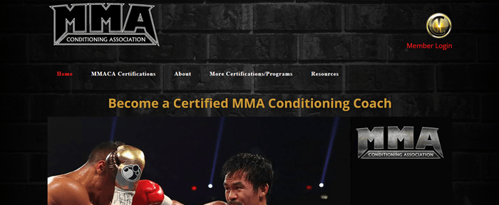 MMA Conditioning Association website screenshot showing part of an image of a boxing fight, along with various menu links and the MMA logo twice. 