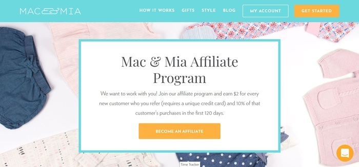 screenshot of the affiliate sign up page for Mac & Mia