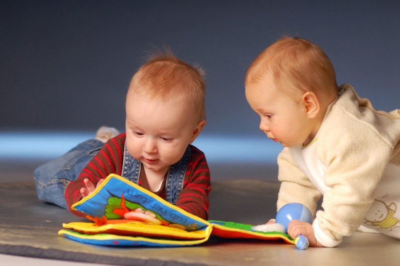 Two babies looking at a baby picture book.