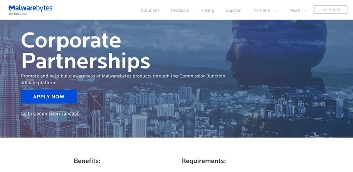 screenshot of the affiliate sign up page for Malwarebytes