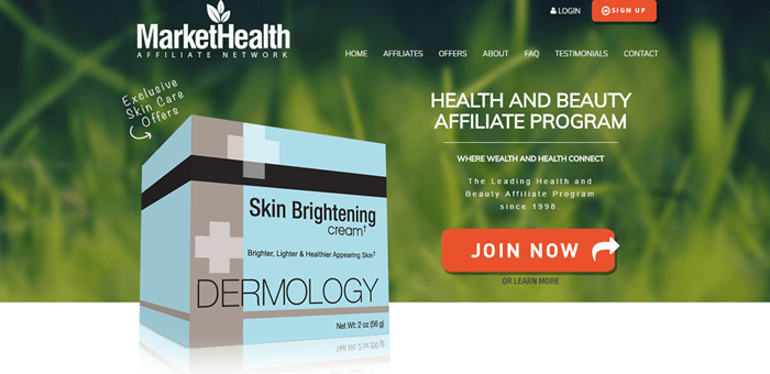 Market Health website screenshot showing a background image of grass with a stylized skin brightening cream in front of it. 