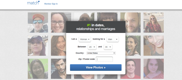 Match.com website screenshot showing background images of many men and women. 