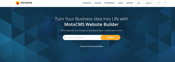 MotoCMS website screenshot showing a geometric blue background image with text about the MotoCMS website builder. 