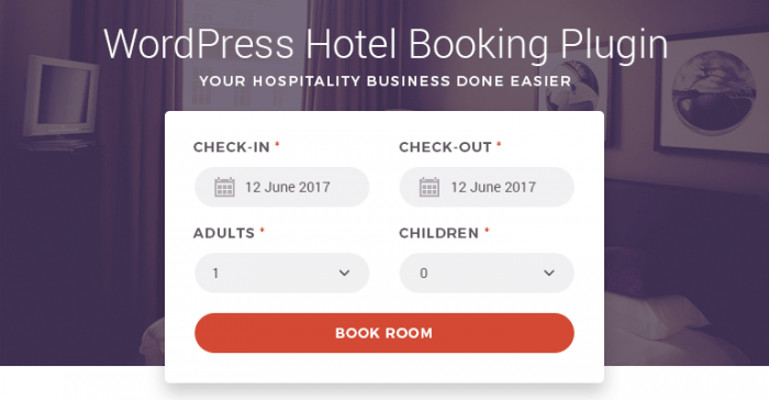 MotoPress | One More Cup of Coffee A booking widget with fields for check-in, check-out, number of adults, and number of children. Underneath these is a "book room" button.