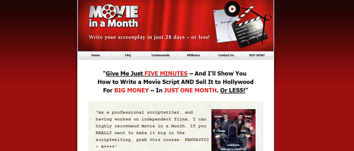 Movie in a Month website screenshot showing a red background gradient with copy about writing a movie script in a month or less. 