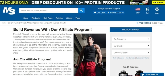 screenshot of the affiliate sign up page for Muscle & Strength
