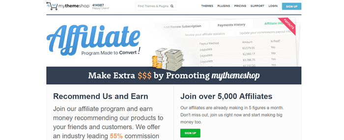 My Theme Shop website screenshot showing an image of payment history and talking about how people can earn by promoting the service. 
