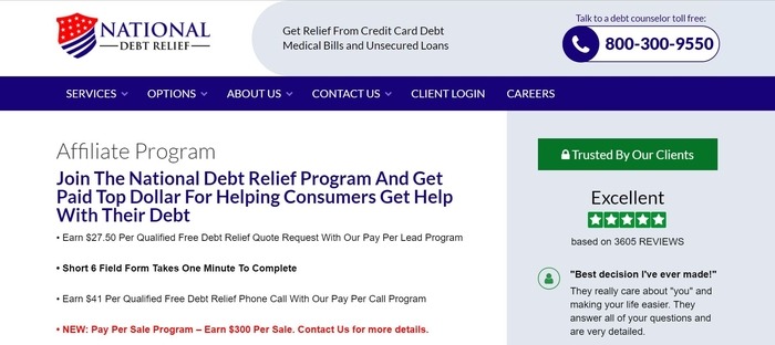 screenshot of the affiliate sign up page for National Debt Relief