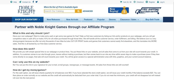 screenshot of the affiliate sign up page for Noble Knight Games