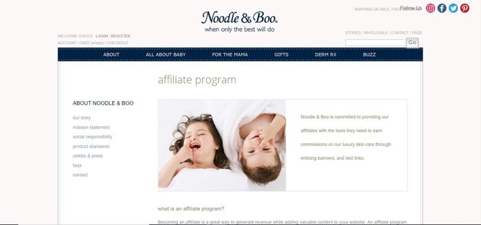 screenshot of the affiliate sign up page for Noodle & Boo