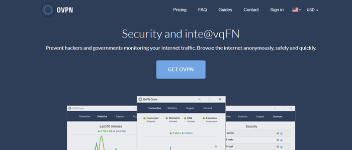 OVPN website screenshot showing details about security, along with some graphs. 