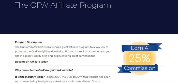 screenshot of the affiliate sign up page for OurFamilyWizard