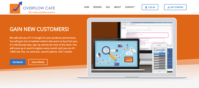 Overflow Cafe website screenshot showing a stylized laptop with various images about how the service works. 