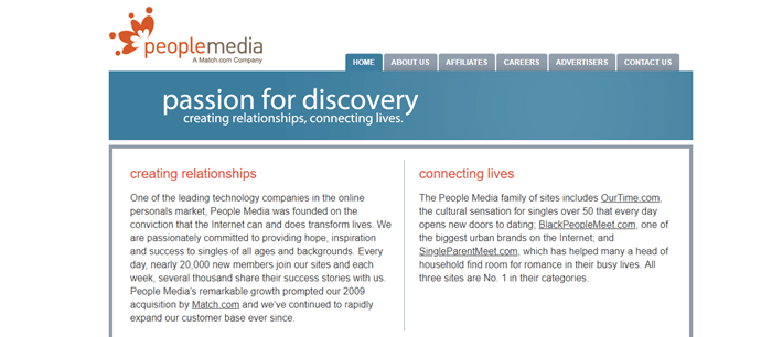 People Media website screenshot showing details about creating relationship and connecting lives. 