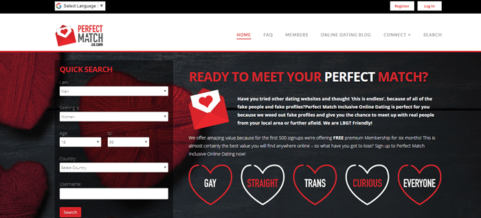 Perfect Match website screenshot showing a black background with red yarn hearts. Text overlaying the image talks about meeting your match. 