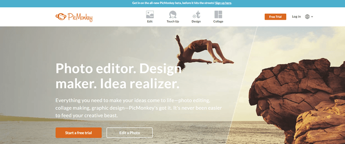 PicMonkey website screenshot showing a man diving off a rock into the ocean. 