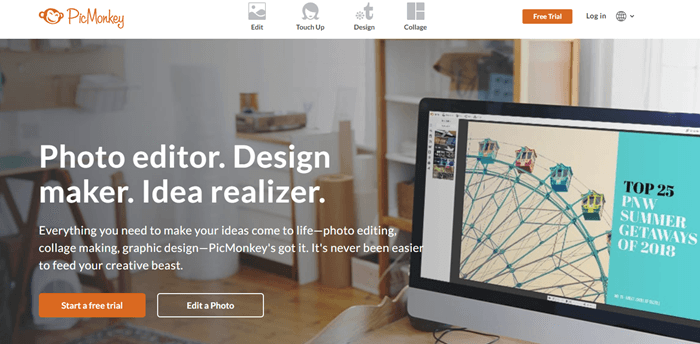 PicMonkey website screenshot showing a desktop computer in a brightly lit white room. 