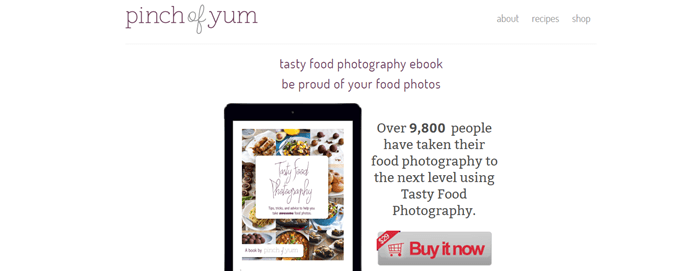 Pinch of Yum Tasty Food Photography website screenshot showing a vertical tablet with an image of the cookbook. 