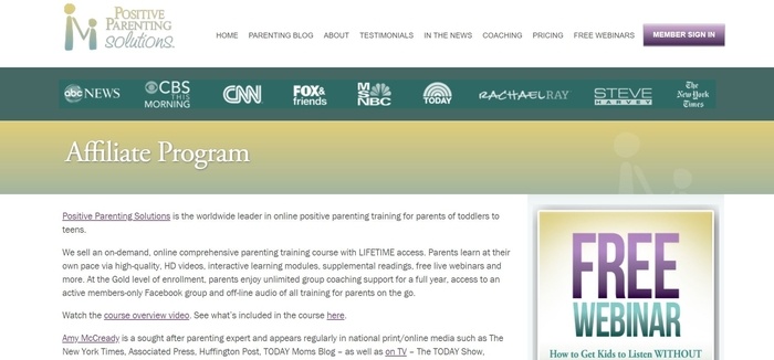 screenshot of the affiliate sign up page for Positive Parenting Solutions