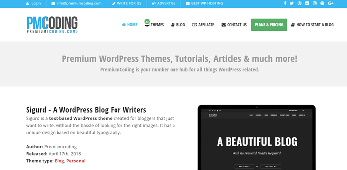 PremiumCoding website screenshot showing various menu links and one of the site's themes, called Sigurd. 