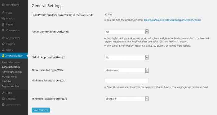 Profile Builder Pro | One More Cup of Coffee The WordPress dashboard opened on the Profile Builder admin panel. The general settings page shows options for CSS loading, email confirmation, admin approval, login requirements, and the minimum password length and strength.