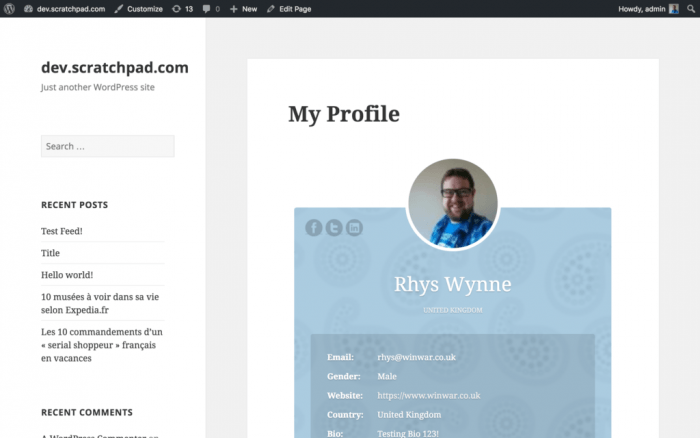 ProfilePress | One More Cup of Coffee A user's profile showing the person's name, profile picture, and personal information. In the sidebar on the left, the user's email address and his most recent posts and comments are listed.
