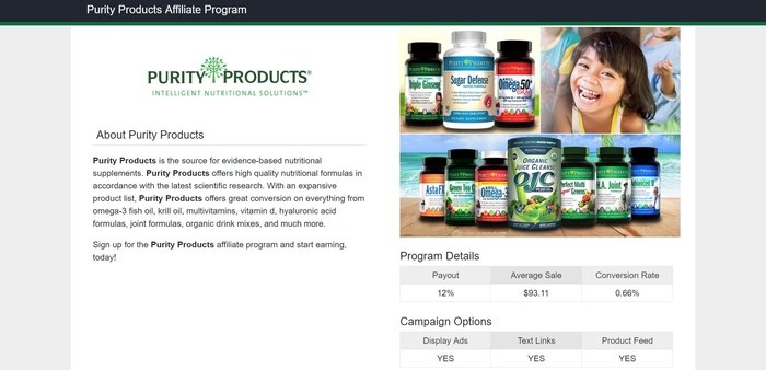 screenshot of the affiliate sign up page for Purity Products