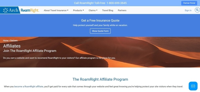 screenshot of the affiliate sign up page for RoamRight