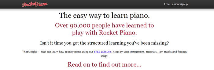 Rocket Piano website screenshot with a white background and text that talks about learning to play the piano. 