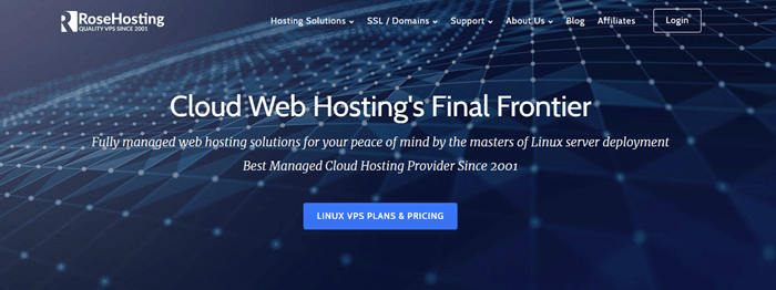 Rose Hosting website screenshot showing a blue technical-like background with white text about Cloud Web Hosting. 